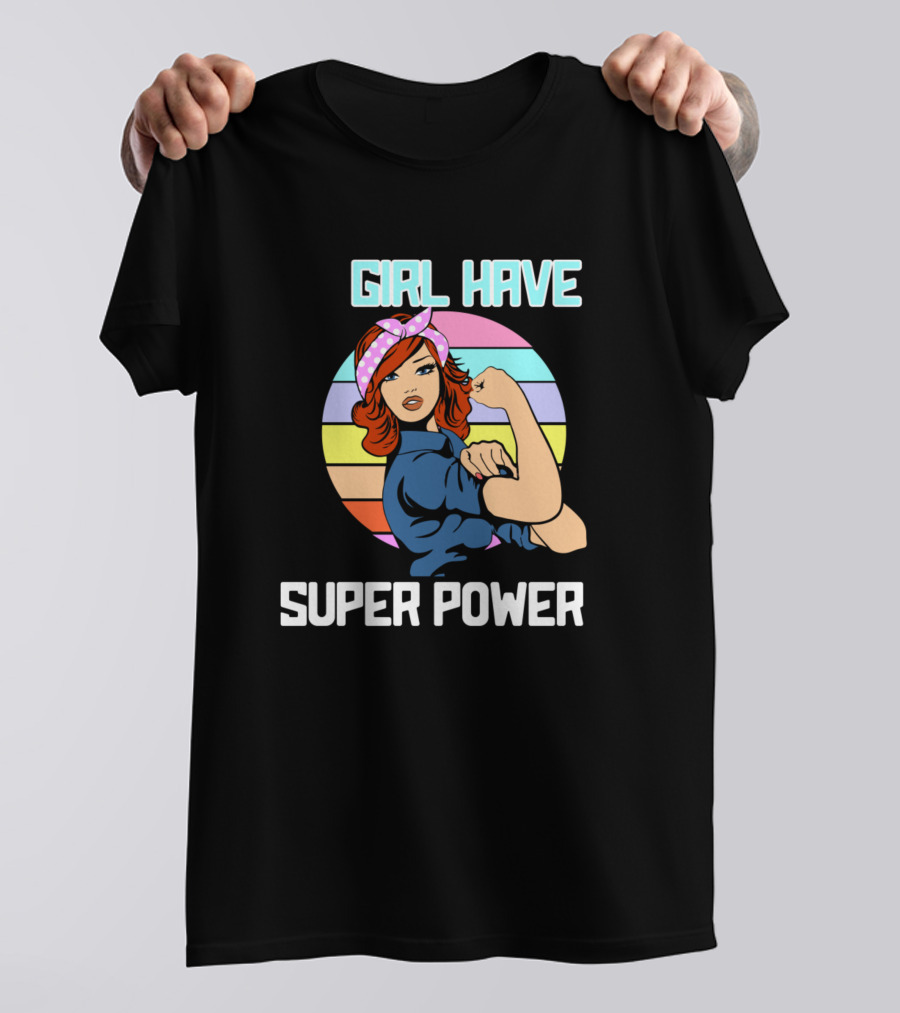 Girl Have Super Power Retro Feminist Icon With Rainbow Stripes T-Shirt