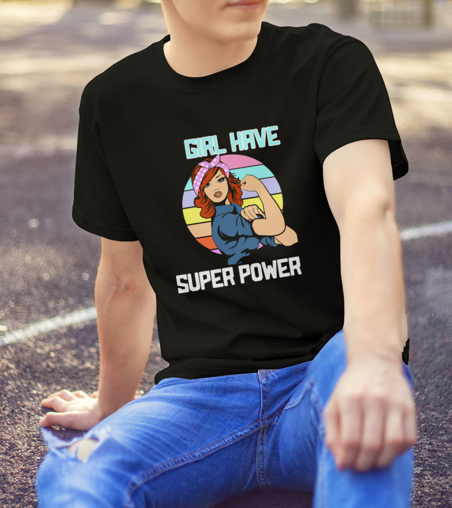 Girl Have Super Power Retro Feminist Icon With Rainbow Stripes T-Shirt
