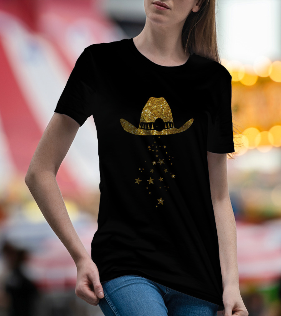 Gold Glitter Stars Cascading From Cowboy Hat T-Shirt