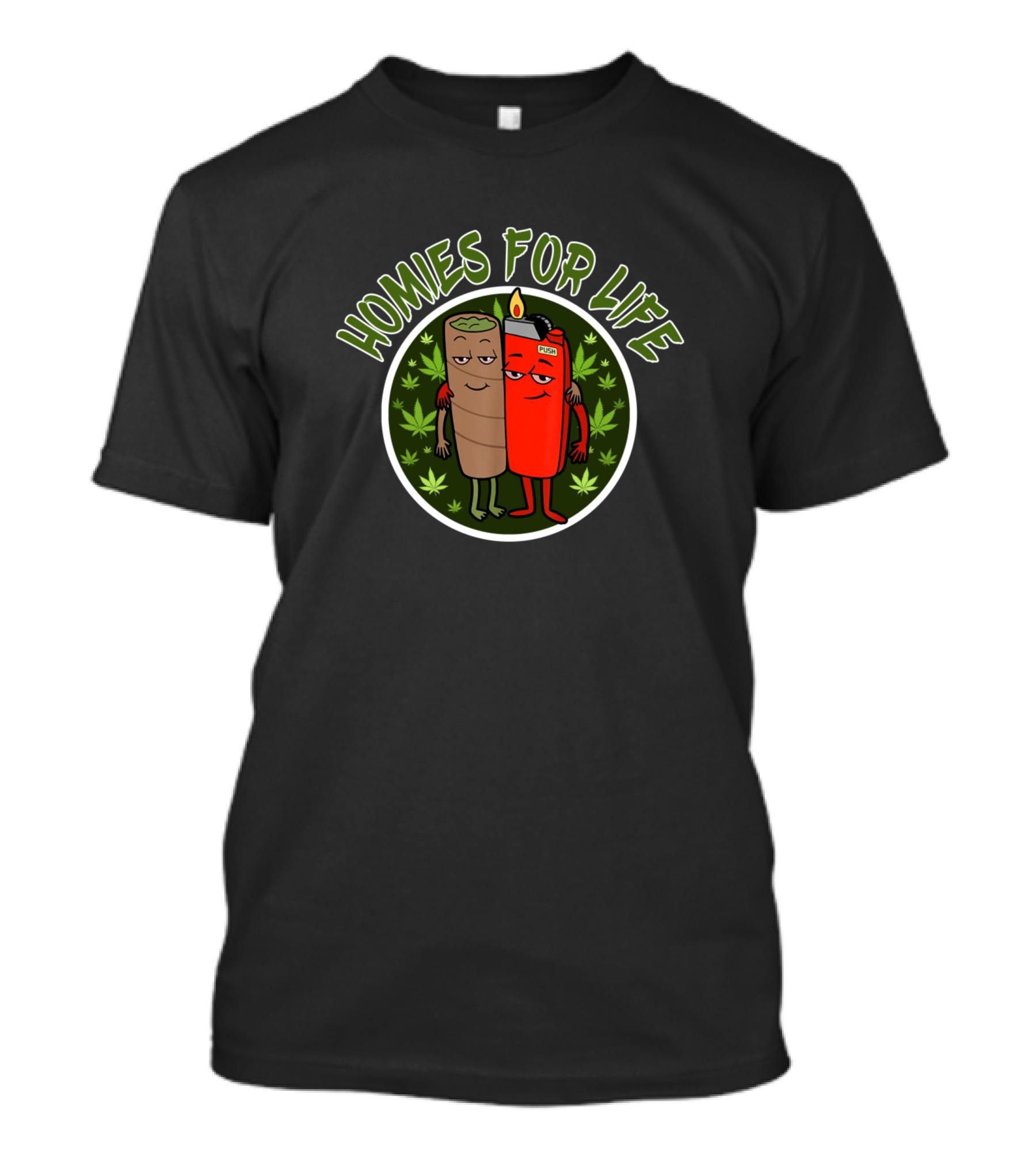 Homies For Life Cannabis Leaf Blunt And Lighter Characters T-Shirt