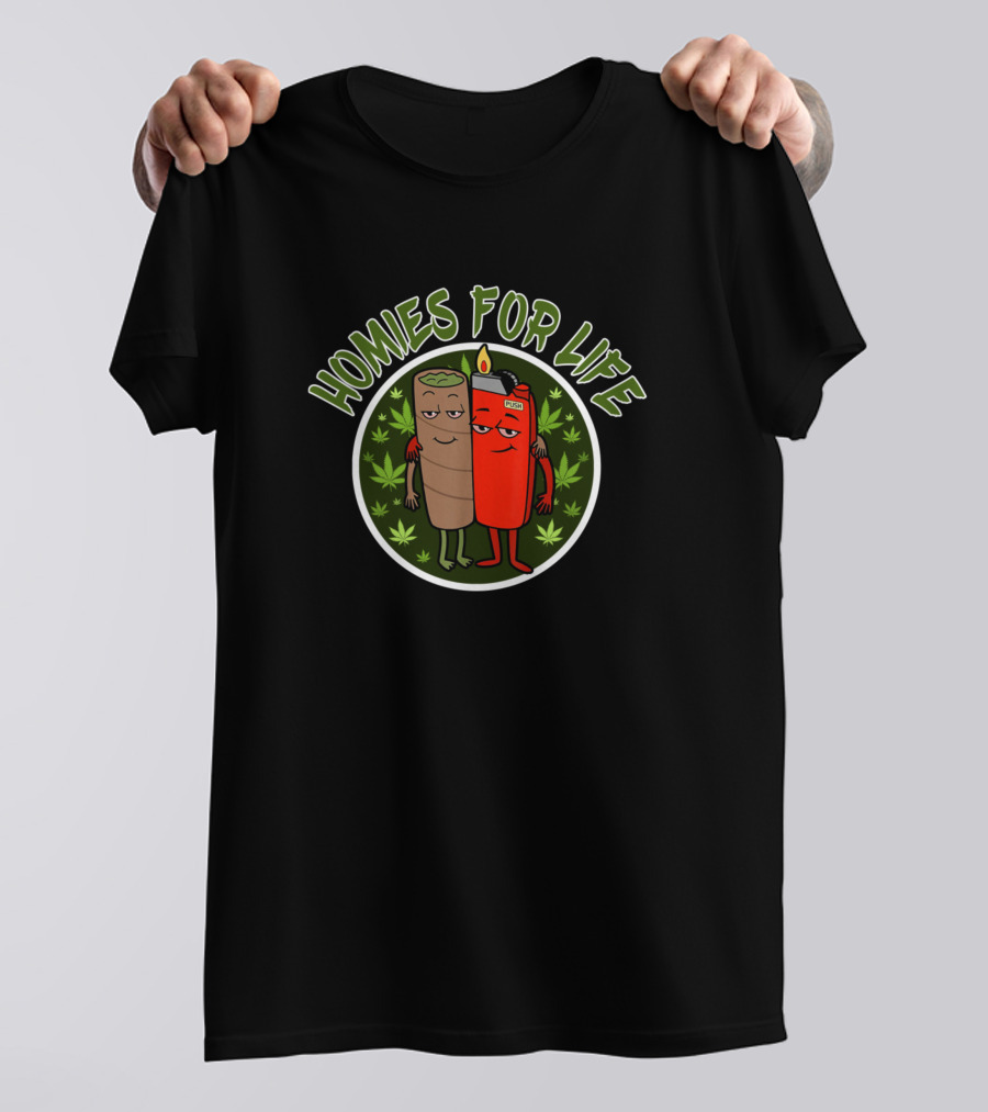 Homies For Life Cannabis Leaf Blunt And Lighter Characters T-Shirt