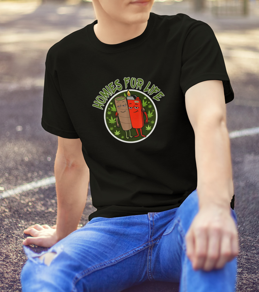 Homies For Life Cannabis Leaf Blunt And Lighter Characters T-Shirt