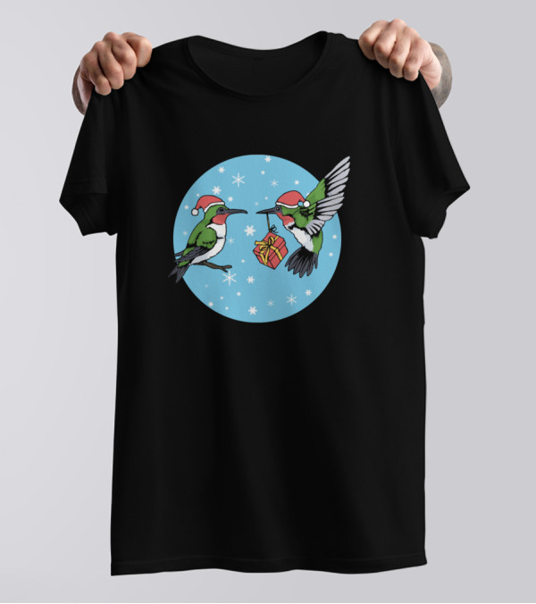 Hummingbird Christmas Merry Chris Snowflakes Santa Hats Present T-Shirt