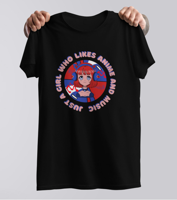 Just A Girl Who Likes Anime And Music Featuring Red-Haired Character With Headphones T-Shirt
