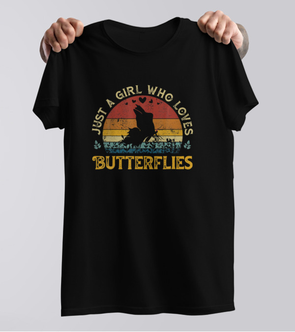 Just A Girl Who Loves Butterflies Vintage Retro Sunset T-Shirt