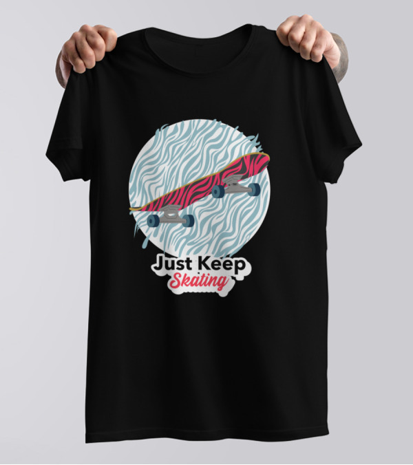 Just Keep Skating Skateboarding Tiger Print Board On Wave Background T-Shirt