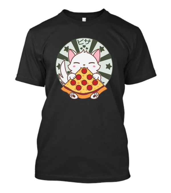 Kawaii Cat Kitten Eating Pizza Slice ピザ Hearts Stars T-Shirt