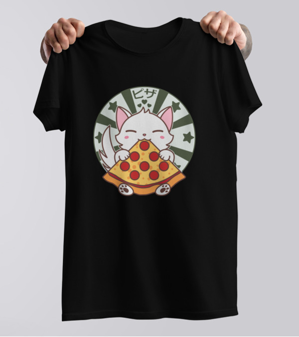 Kawaii Cat Kitten Eating Pizza Slice ピザ Hearts Stars T-Shirt