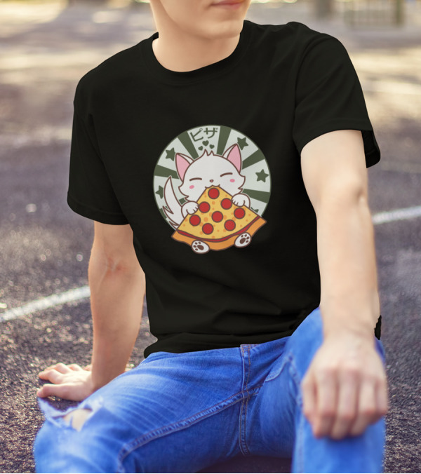 Kawaii Cat Kitten Eating Pizza Slice ピザ Hearts Stars T-Shirt