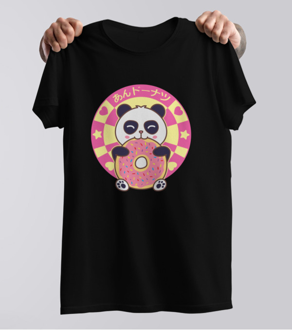 Kawaii Panda Bear Eating Donut Hearts Stars T-Shirt