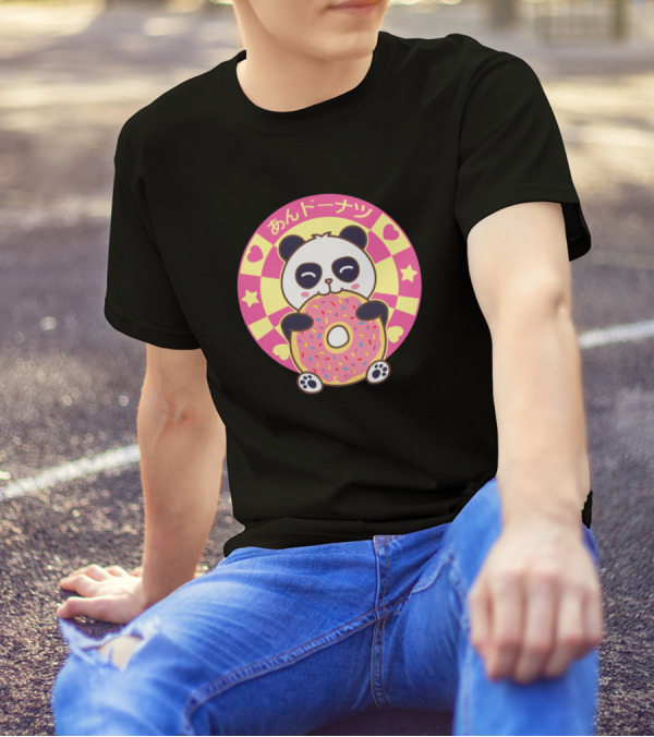 Kawaii Panda Bear Eating Donut Hearts Stars T-Shirt