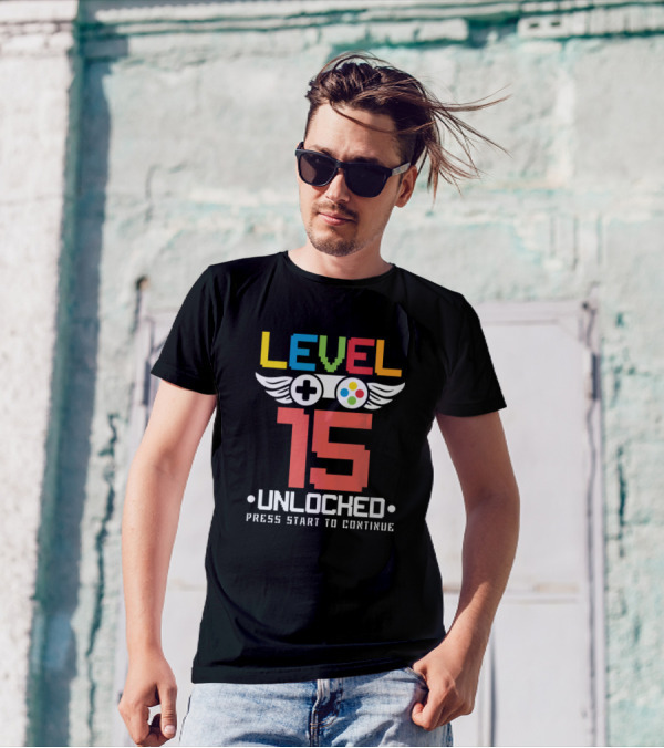 Level 15 Unlocked Video Games Lover Press Start To Continue 15 Birth T-Shirt