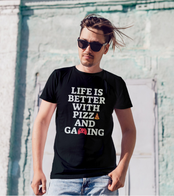 Life Is Better With Pizza Emoji And Gaming Controller T-Shirt