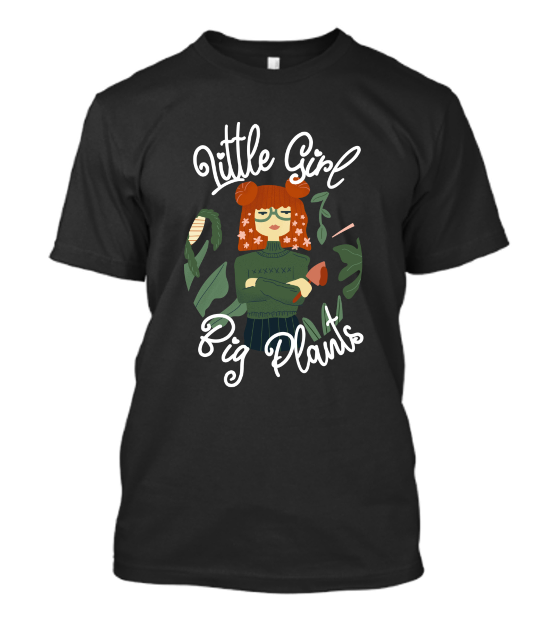 Little Girl Surrounded By Big Plants With Flowers And Green Leaves T-Shirt