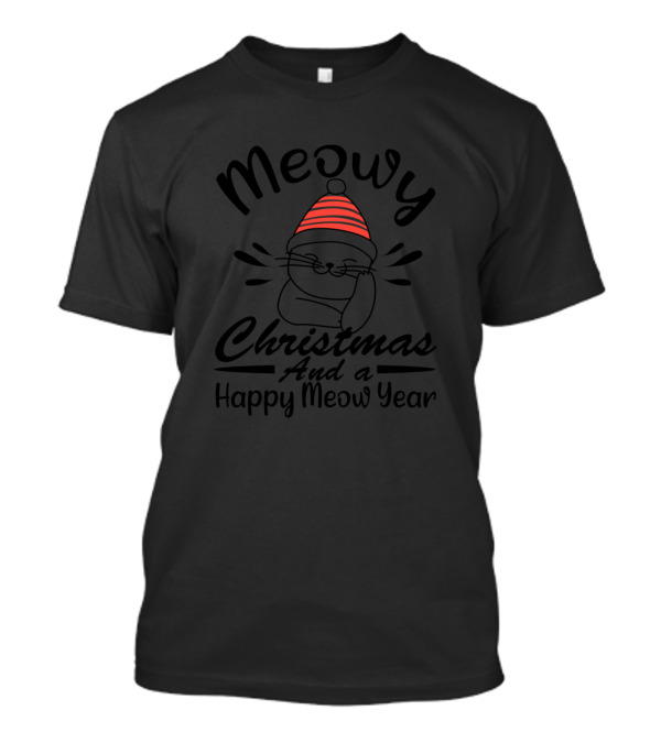 Meowy Christmas And A Happy Meow Year Cat With Red Santa Hat T-Shirt