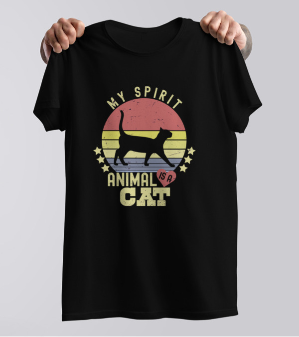 My Spirit Animal Is A Cat Retro Sunset Silhouette With Stars T-Shirt