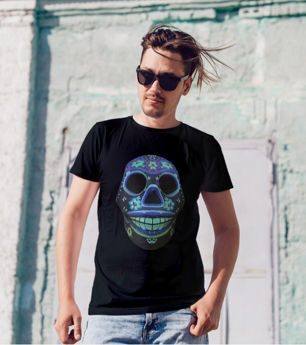 Oaxaca Day Of The Death Skull Black Background Floral T-Shirt