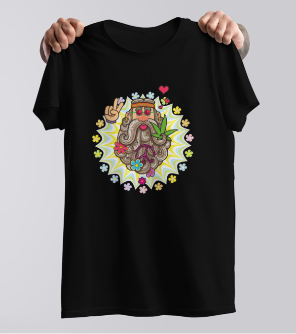 Old Hippie Peace Sign Psychedelic Flowers Headband Bearded Face T-Shirt
