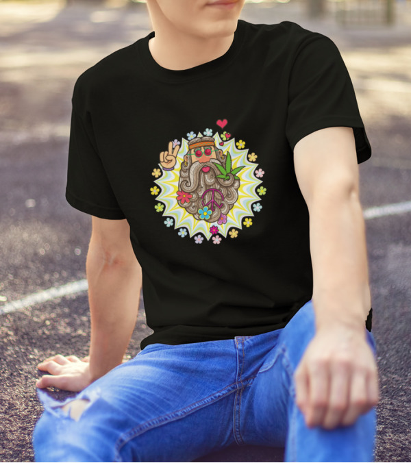 Old Hippie Peace Sign Psychedelic Flowers Headband Bearded Face T-Shirt