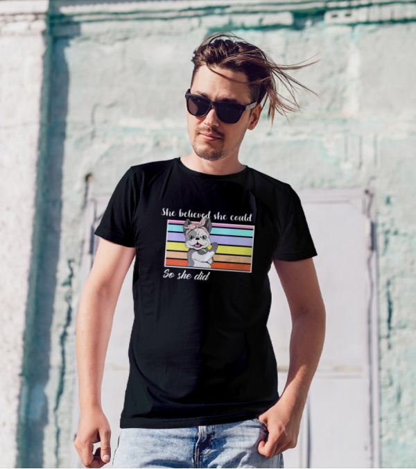 She Believed She Could So She Did Bulldog Rosie The Riveter Rainbow Stripes T-Shirt