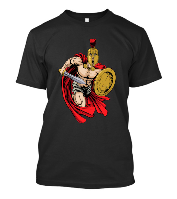 Spartan Warrior Charging With Sword And Shield In Red Cloak T-Shirt
