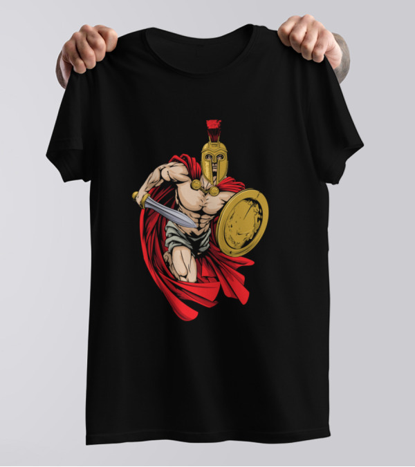 Spartan Warrior Charging With Sword And Shield In Red Cloak T-Shirt