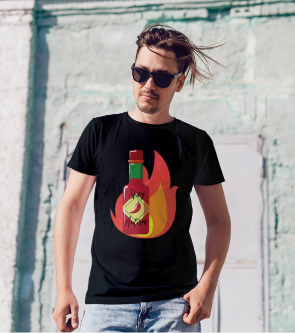 Spicy Autism Flaming Hot Sauce Bottle With Red Pepper Flame T-Shirt