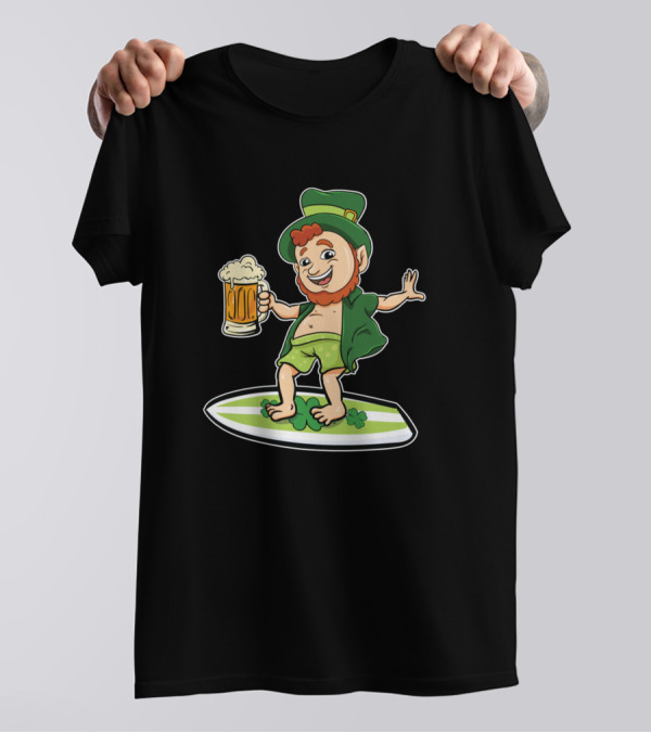 Funny St Patricks Day Surfer With Beer And Leprechaun T-Shirt