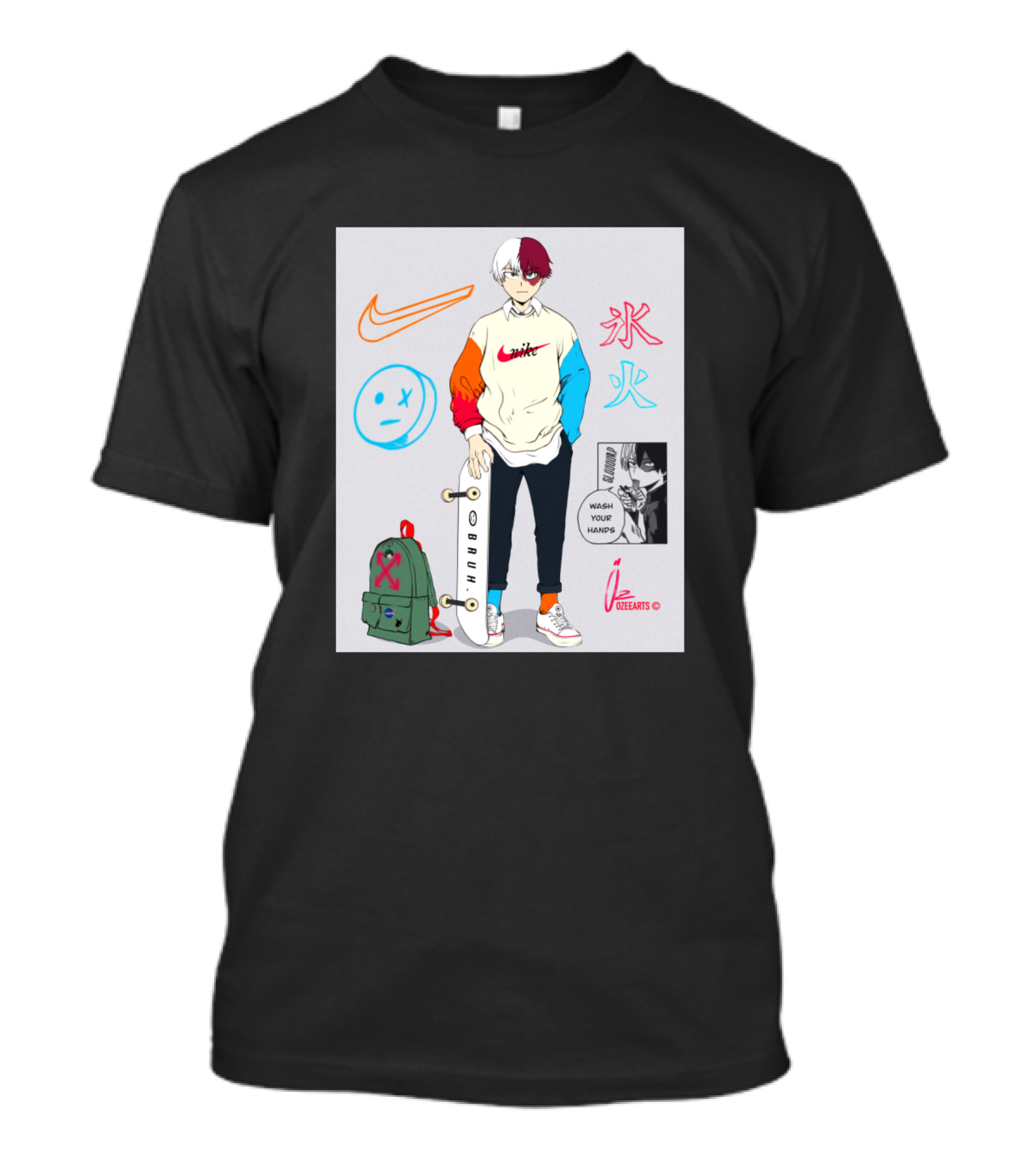 Todoroki Streetwear Anime Skateboard Ice Fire Backpack Wash Your Hands Comic T-Shirt