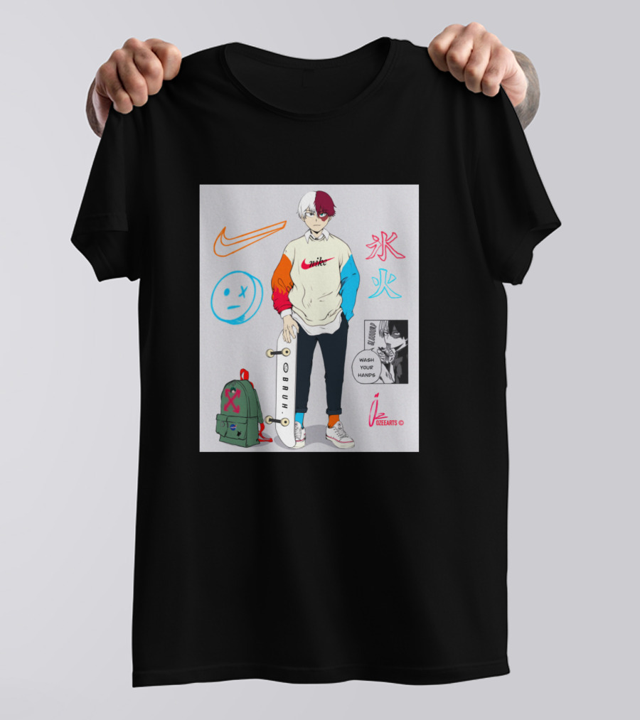 Todoroki Streetwear Anime Skateboard Ice Fire Backpack Wash Your Hands Comic T-Shirt