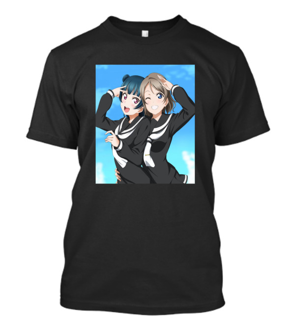 Tsushima Yoshiko And Friends Sailor Uniform Anime Duo Blue Sky Background T-Shirt