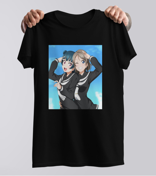Tsushima Yoshiko And Friends Sailor Uniform Anime Duo Blue Sky Background T-Shirt