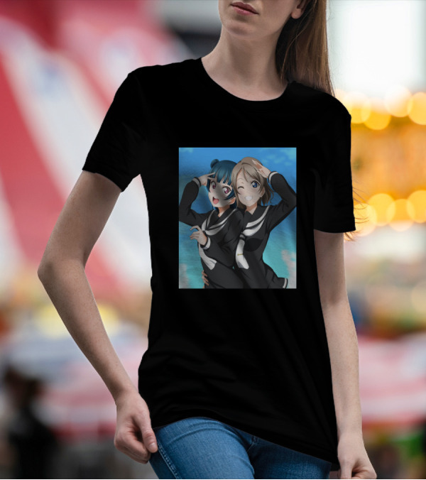 Tsushima Yoshiko And Friends Sailor Uniform Anime Duo Blue Sky Background T-Shirt