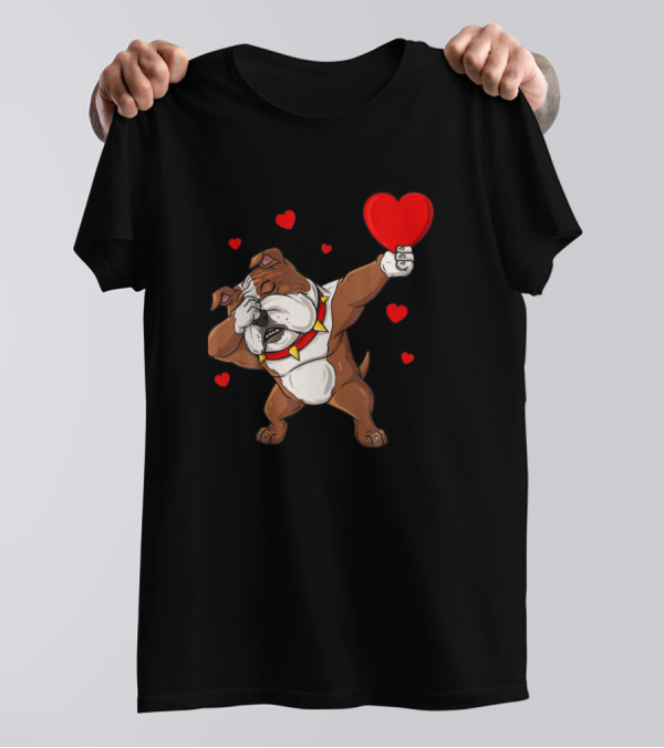 Valentines Day Love Heart Dabbing Bulldog T-Shirt