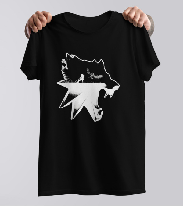 Witcher Wolf Medallion Symbol With Silhouette And Trees T-Shirt