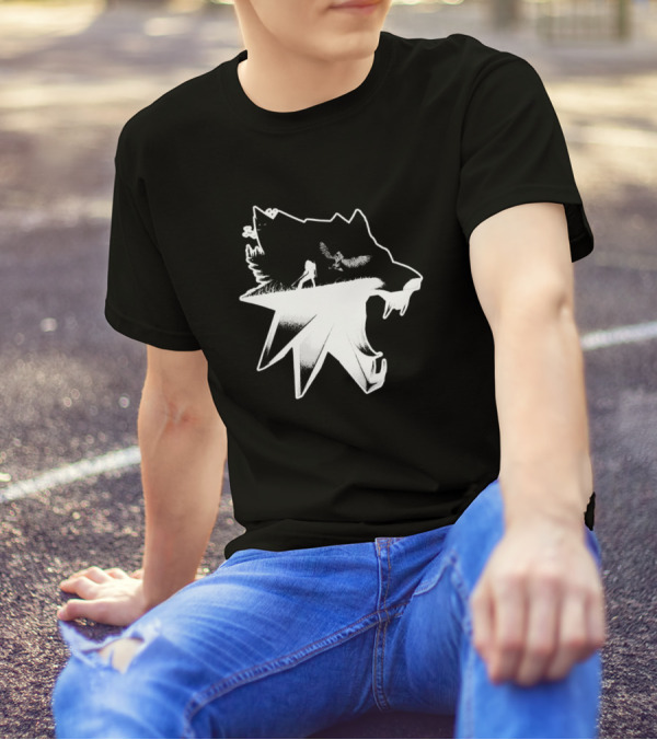 Witcher Wolf Medallion Symbol With Silhouette And Trees T-Shirt