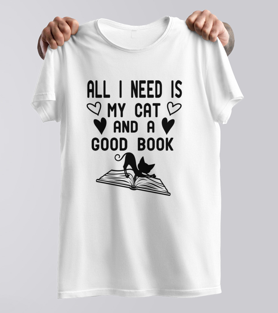 All I Need Is My Cat And A Good Book With Hearts And Cat On Open Book T-Shirt