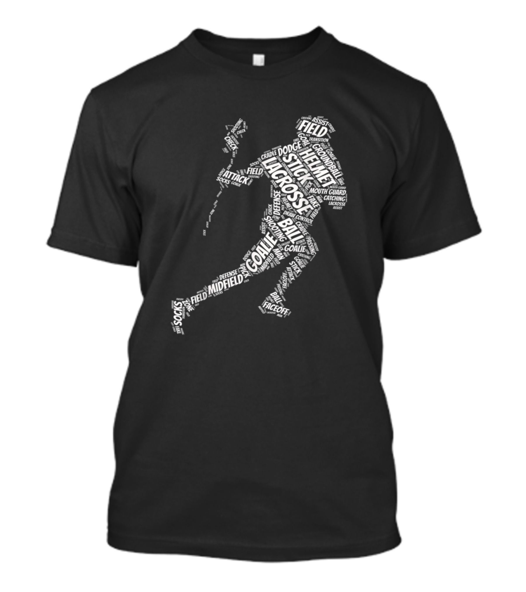 Lacrosse Player Silhouette Word Cloud Featuring Midfield Goalie Attack Faceoff T-Shirt