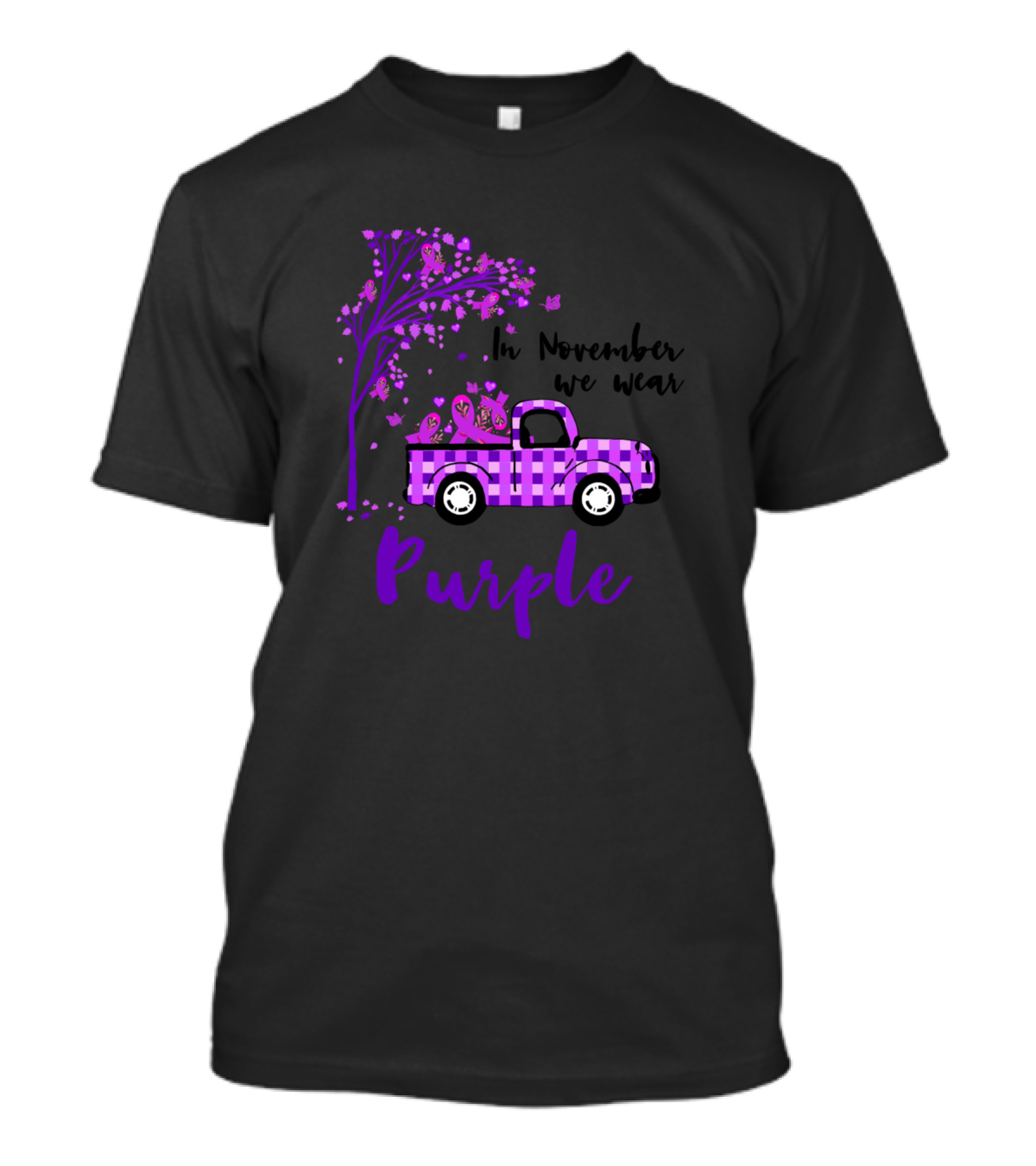 Alzheimer Awareness In November We Wear Purple Checker Truck With Tree And Ribbons T-Shirt