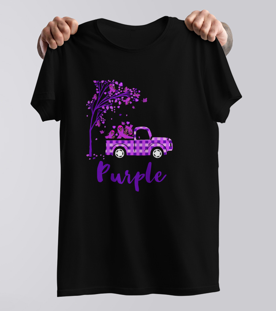 Alzheimer Awareness In November We Wear Purple Checker Truck With Tree And Ribbons T-Shirt