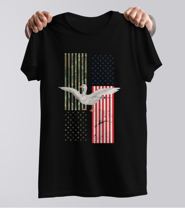 American Flag Goose With Camouflage And Stars Stripes T-Shirt