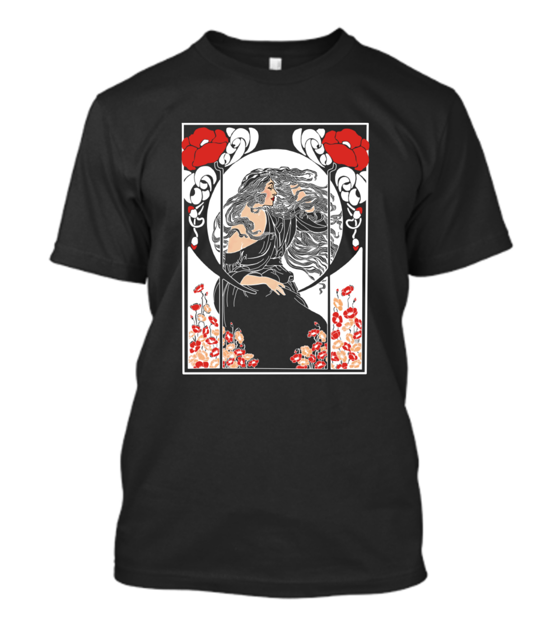 Art Deco Lady Floral Motif Poppies T-Shirt