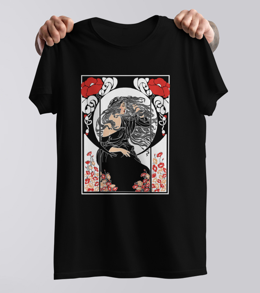 Art Deco Lady Floral Motif Poppies T-Shirt