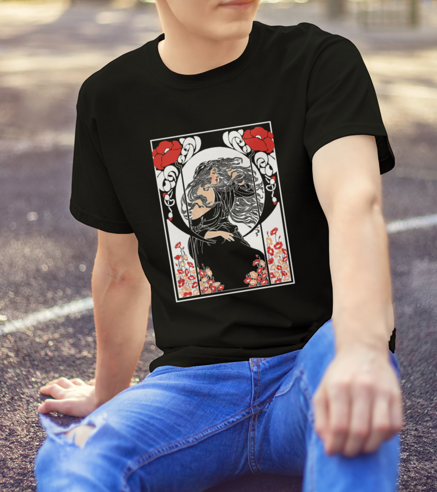 Art Deco Lady Floral Motif Poppies T-Shirt