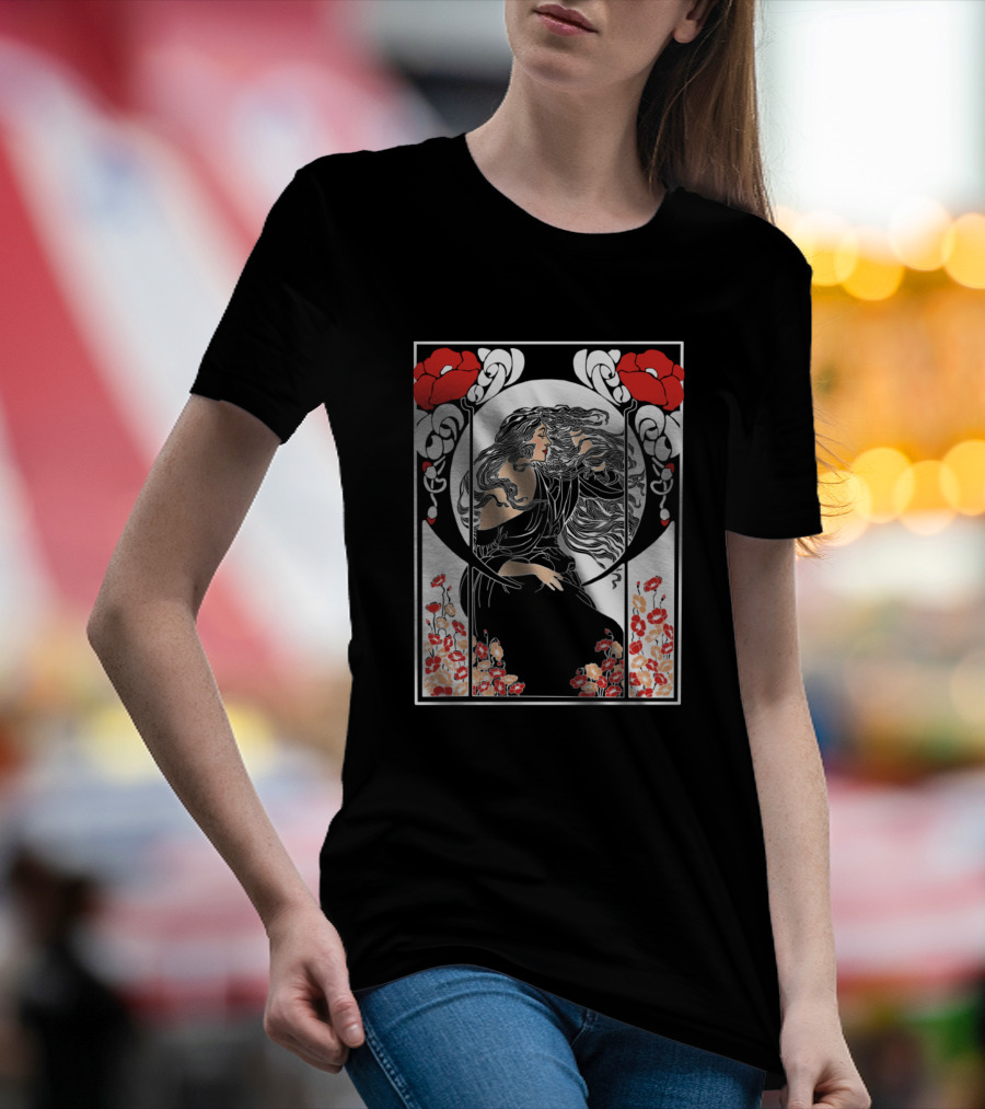 Art Deco Lady Floral Motif Poppies T-Shirt
