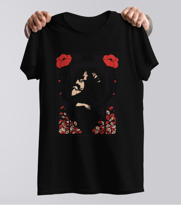 Art Deco Lady In Black With Red Poppies T-Shirt