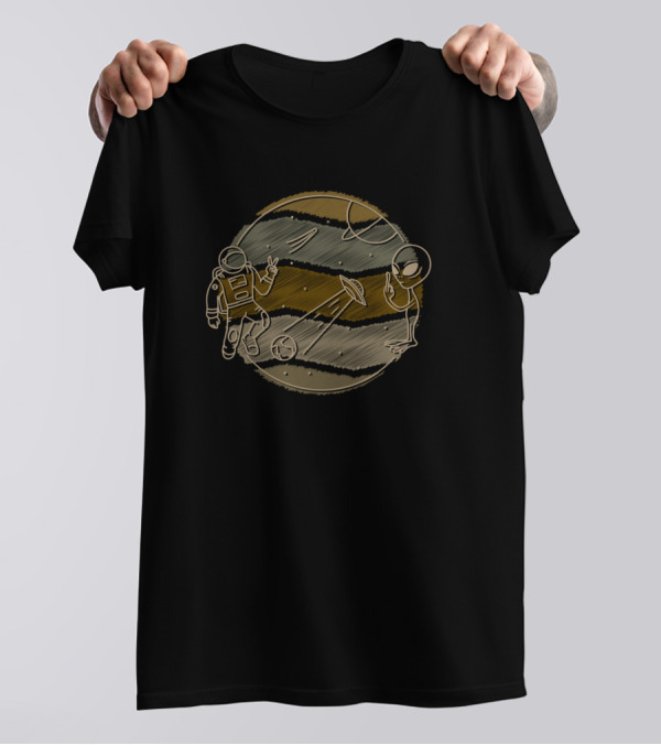 Astronaut Playing Soccer With Alien In Space War Scene T-Shirt