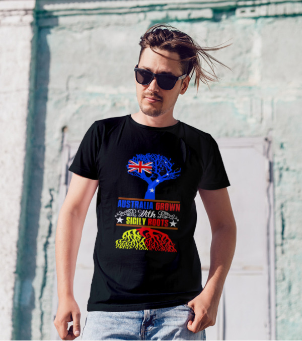 AUSTRALIA GROWN WITH SICILY ROOTS TREE FLAG STARS T-Shirt