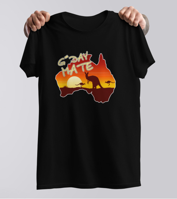 G'Day Mate Australia Kangaroo Sunset Silhouette Map T-Shirt