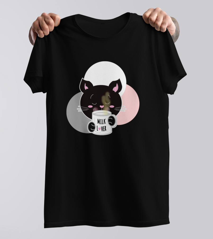 Milk Lover Black Cat With Cup Of Warm Beverage T-Shirt